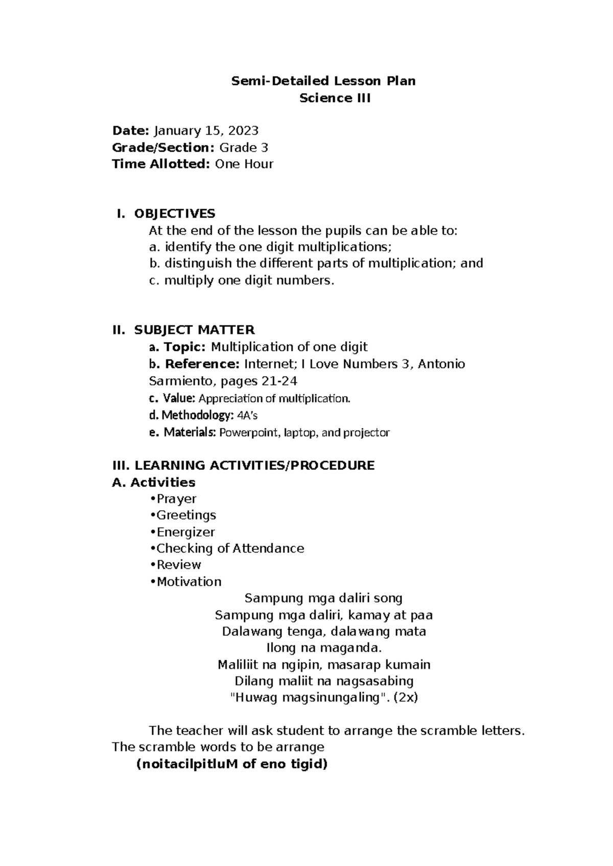 CAB Math LP 123 - LP math - Semi-Detailed Lesson Plan Science III Date ...