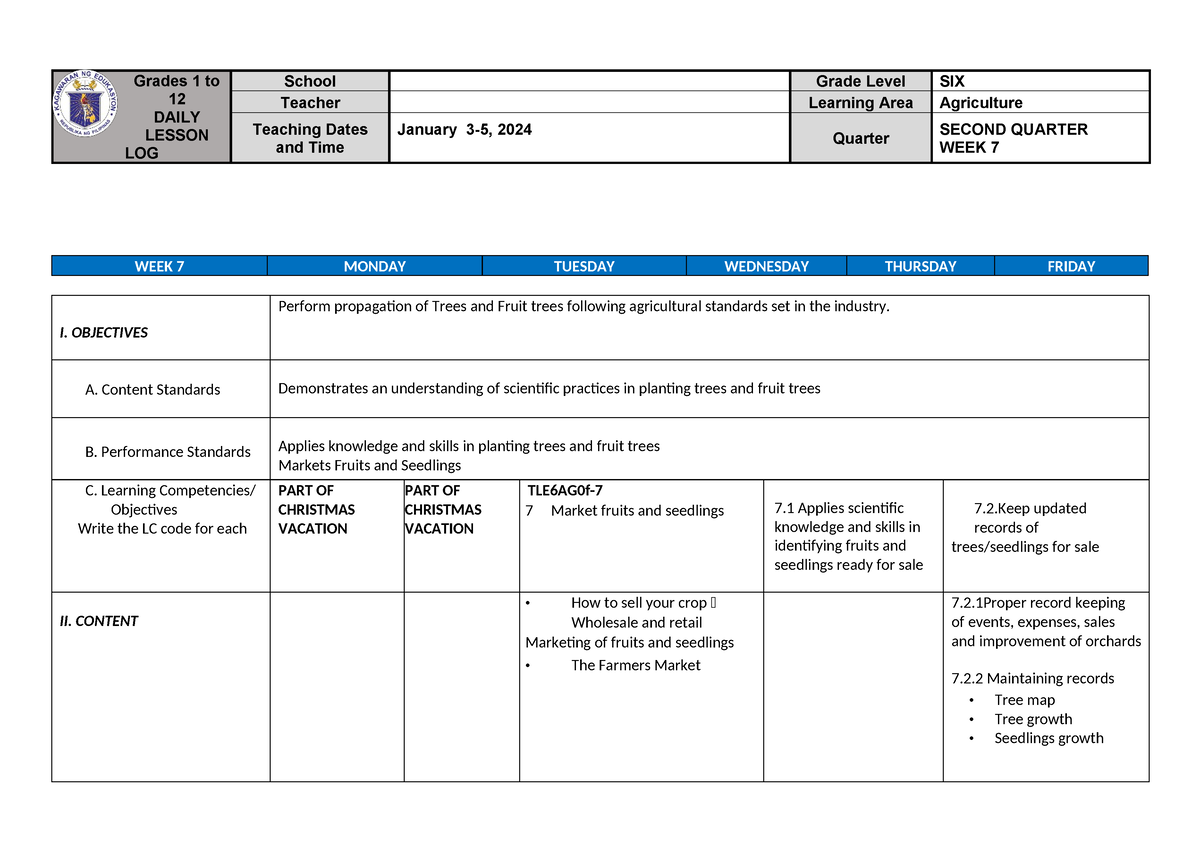 AGRIculture Q2 WK 7 - Grades 1 to 12 DAILY LESSON LOG School Grade ...