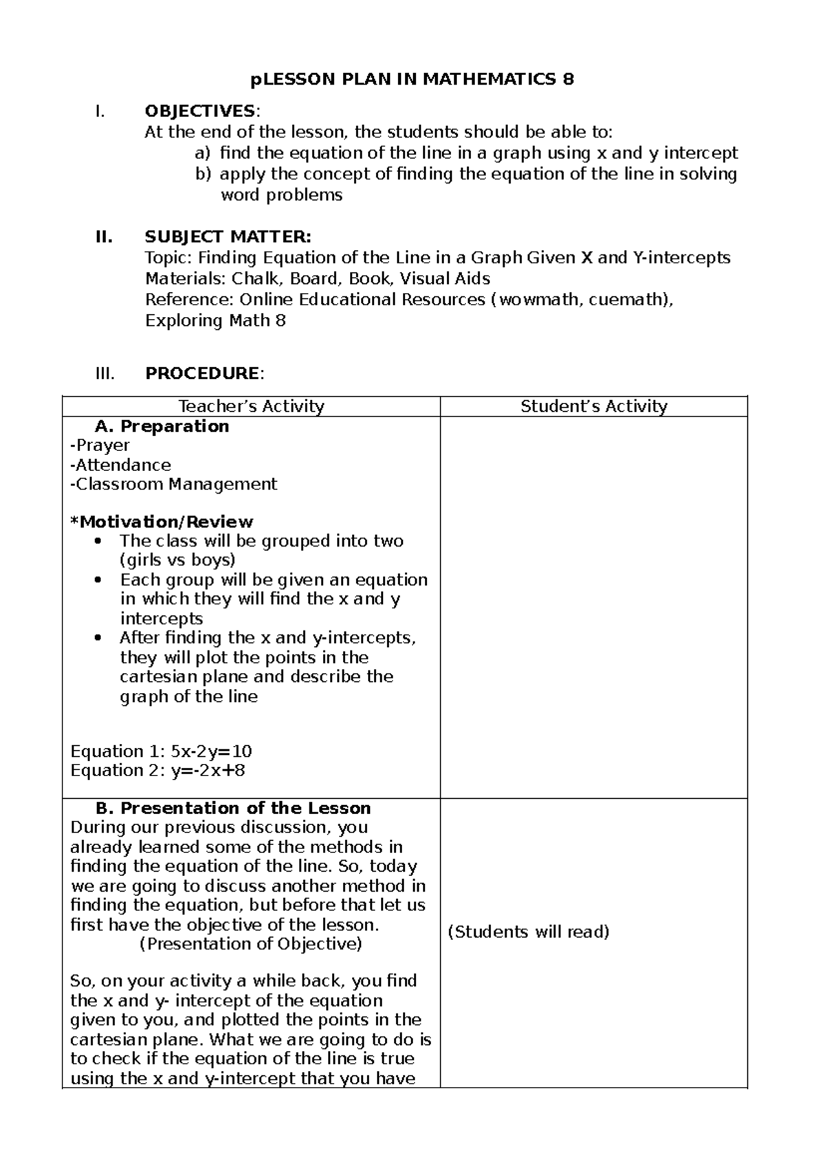 Lesson PLAN IN Mathematics 8- equation of the line given x and y ...