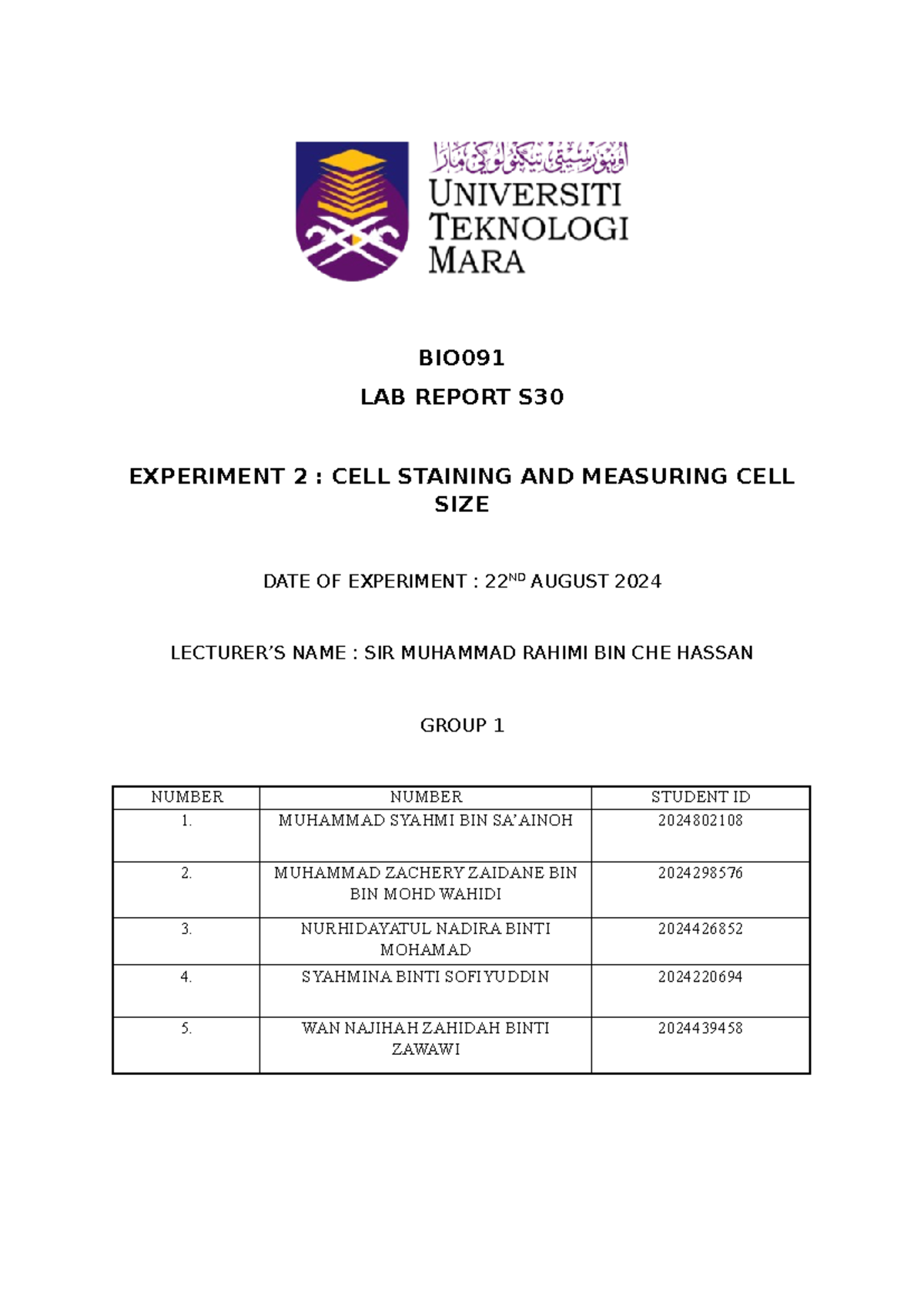 Biology LAB Report Experiment 2 - BIO LAB REPORT S EXPERIMENT 2 : CELL ...