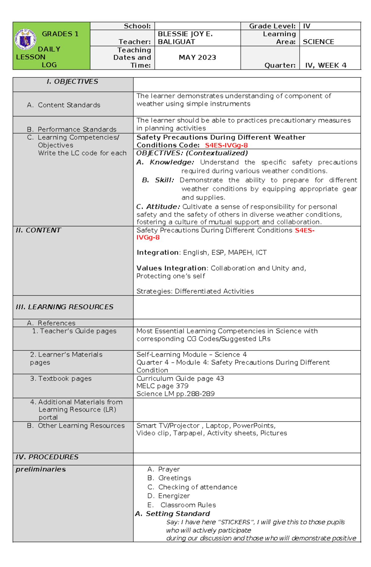 Lesson Plan Joy Baliguat science 3 - GRADES 1 to 12 DAILY LESSON LOG ...