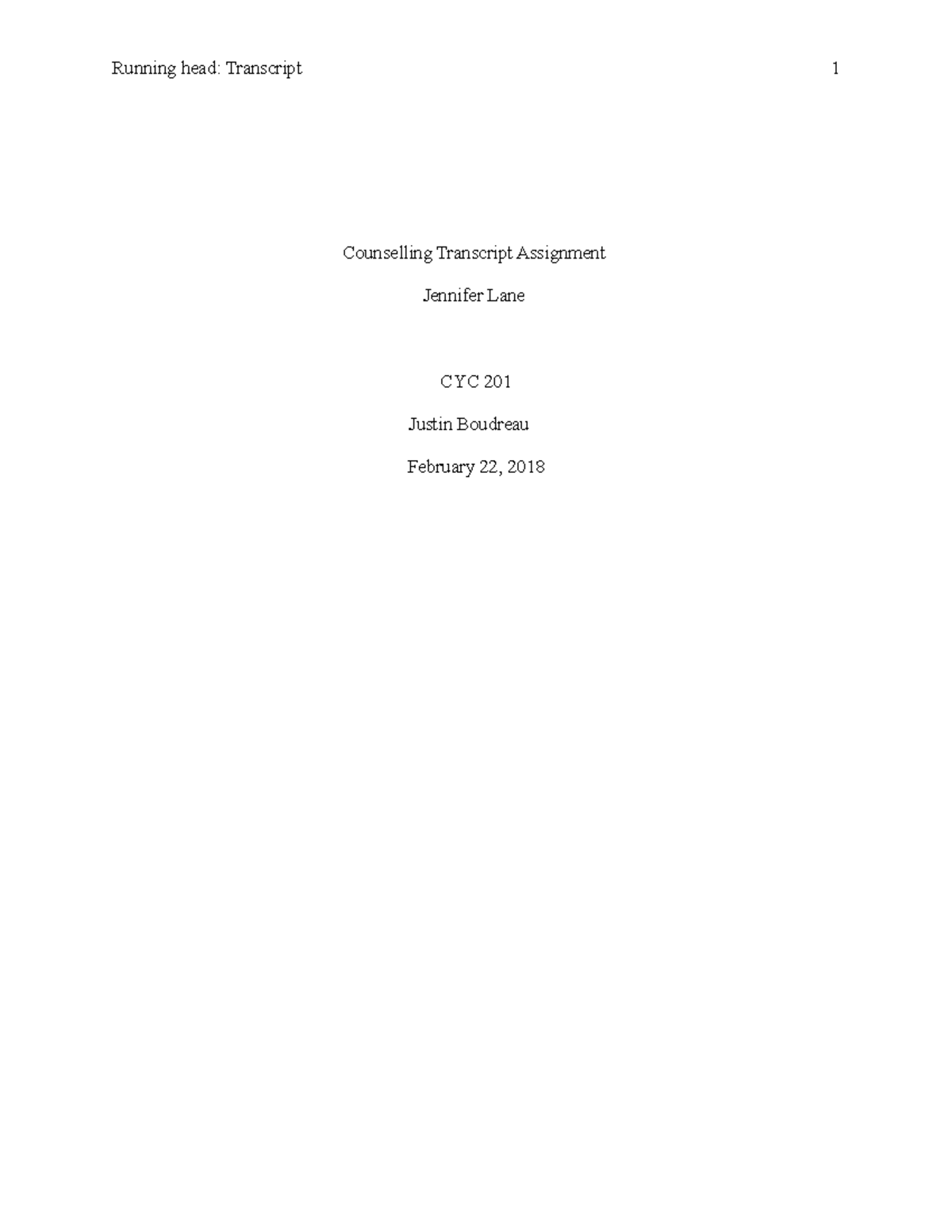 Counselling Transcript Assignment - Running head: Transcript 1 ...