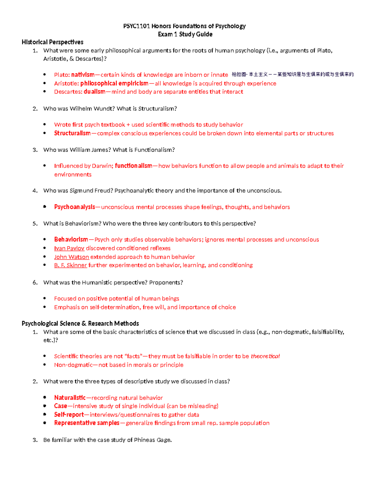 Exam 1 study guide- with notes - PSYC1101 Honors Founda ons of ...