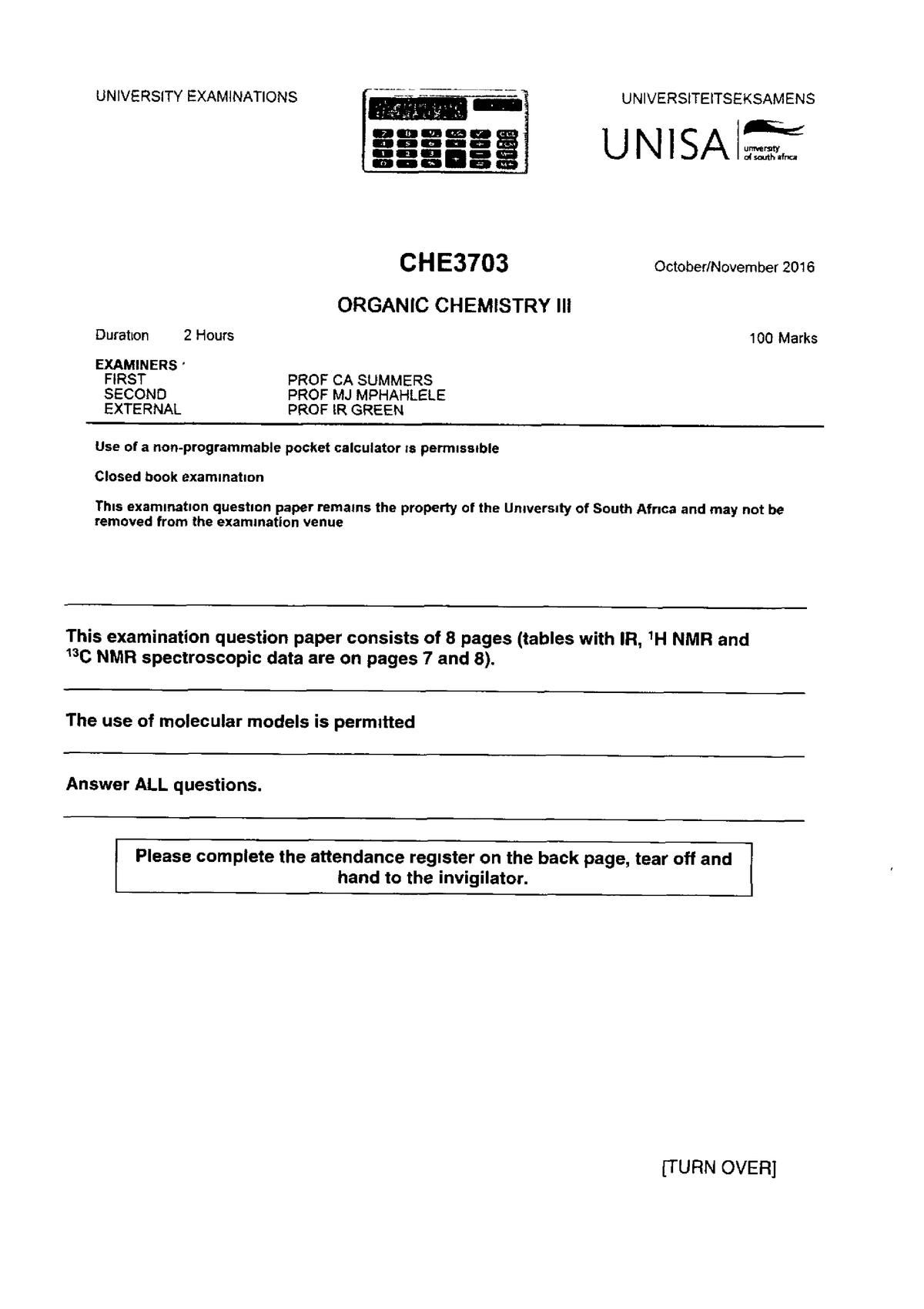 Exam October 2016, questions - Inorganic Chemistry III - CHE3701 