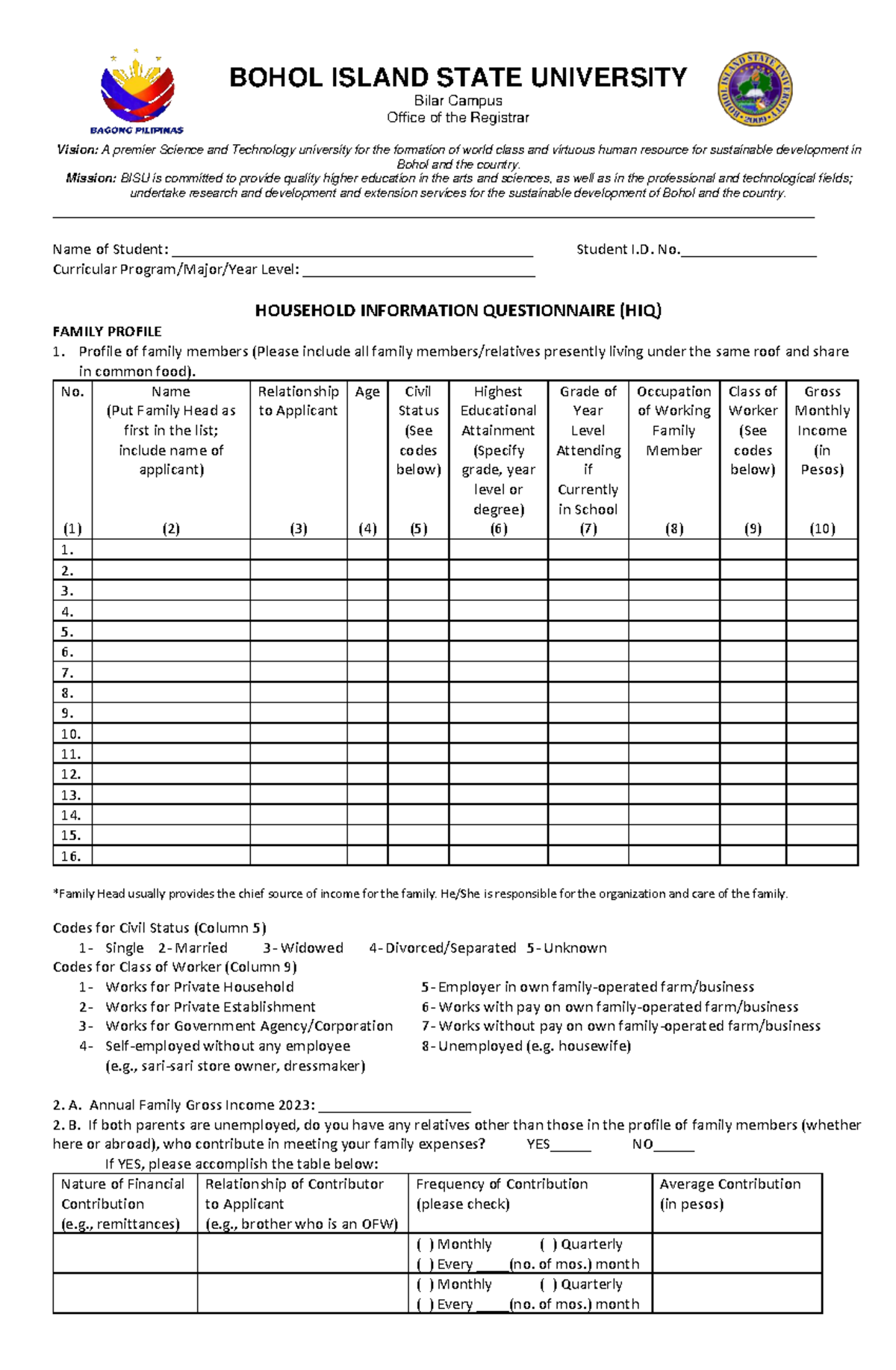 Household Information Questionnaire - BOHOL ISLAND STATE UNIVERSITY ...