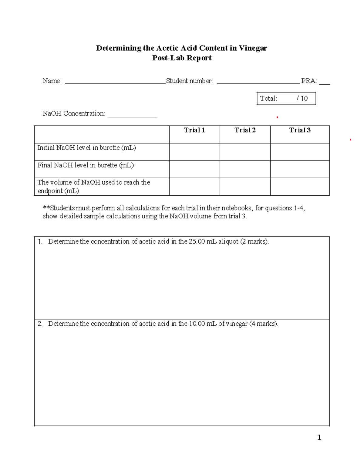 report lab report - Determining the Acetic Acid Content in Vinegar Post ...