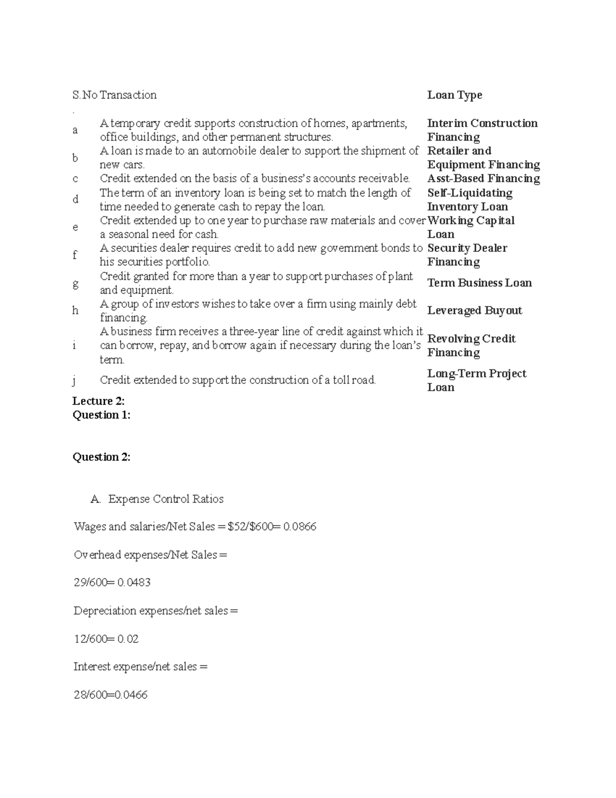 Answers - answer - S . Transaction Loan Type a A temporary credit ...