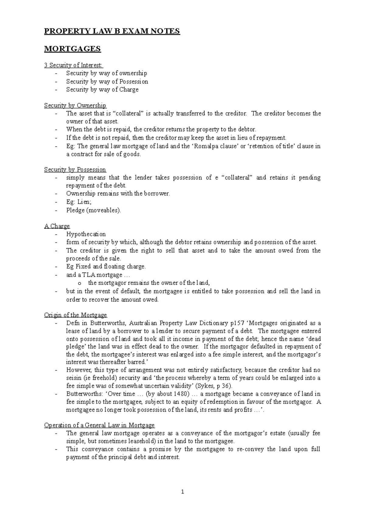 1 PLB Mortgages (Exam Notes) PROPERTY LAW B EXAM NOTES MORTGAGES 3
