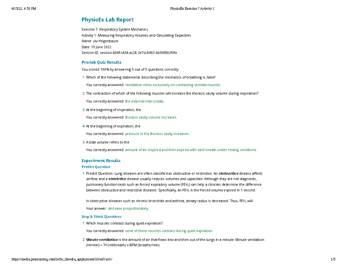 Physio Ex Exercise 7 Activity 1 pulm - PhysioEx Lab Report Exercise 7