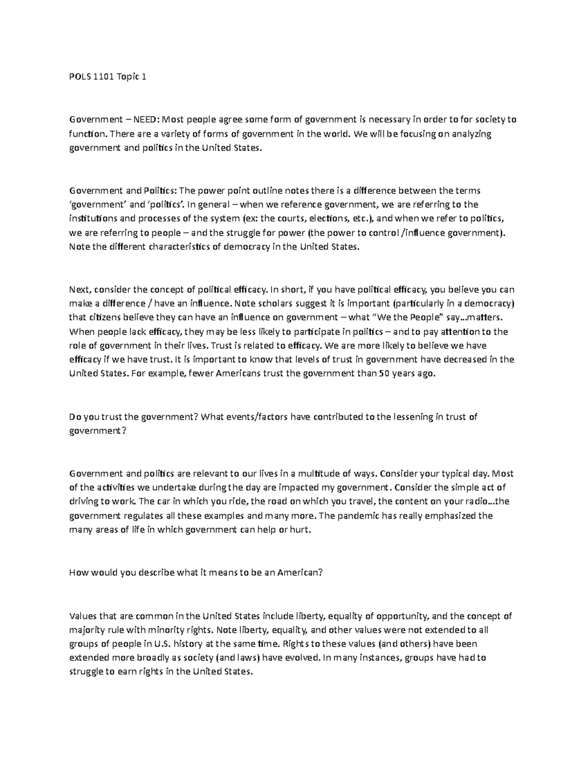American Governemnt Assignment - POLS 1101 Topic 1 Government – NEED ...