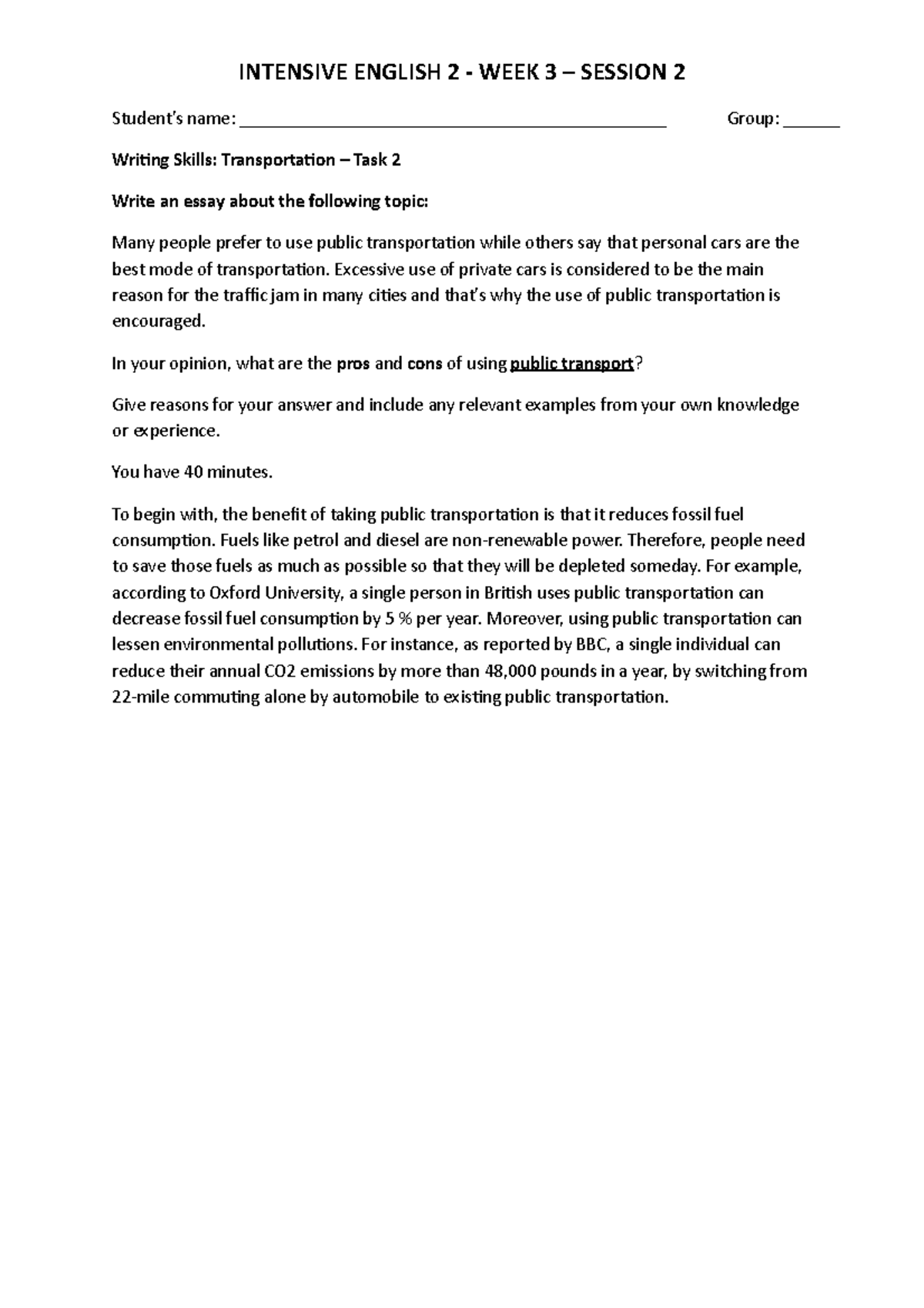 WEEK 3 - Session 2 - Task 2 Transportation Essay Practices - INTENSIVE ...