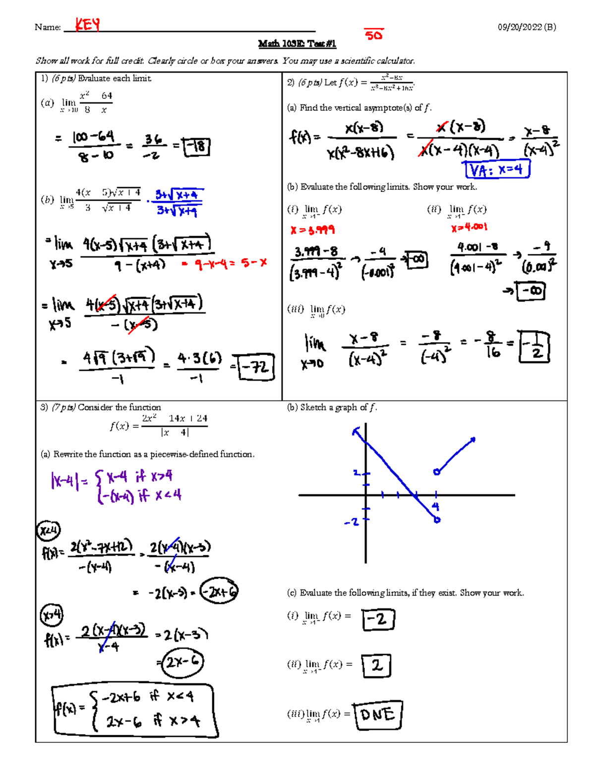 Math 103E-Test 1 VB Solutions - Name: 09/20/2022 (B) Math 1 03E: Test ...