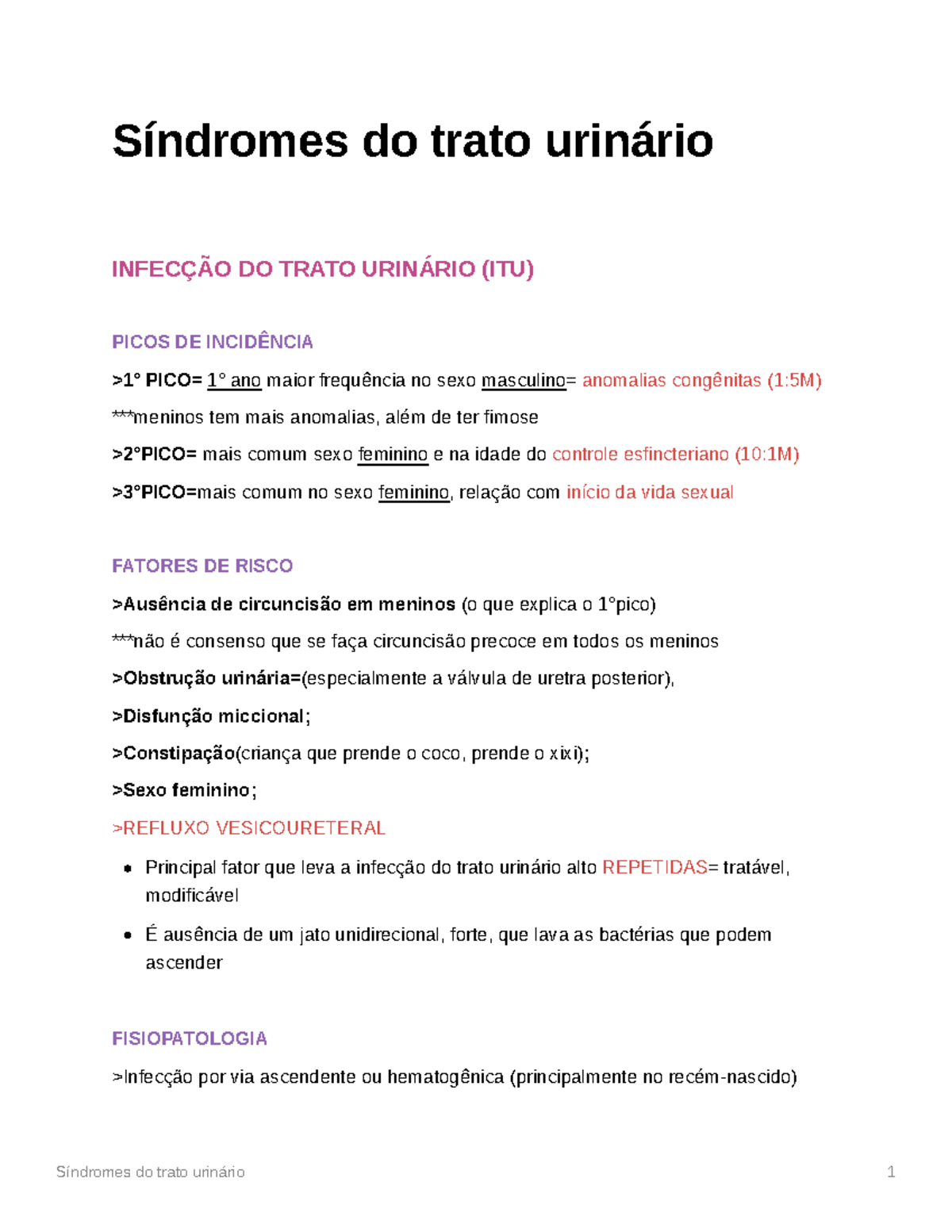 Sd. urinário - resumo - Síndromes do trato urinário INFECÇÃO DO TRATO  URINÁRIO (ITU) PICOS DE - Studocu