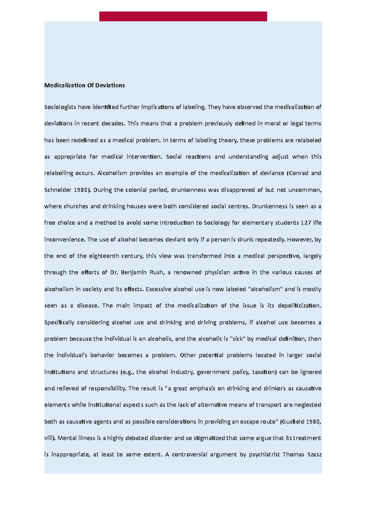 Notes Sociology - Medicalization Of Deviations - Medicalization Of ...
