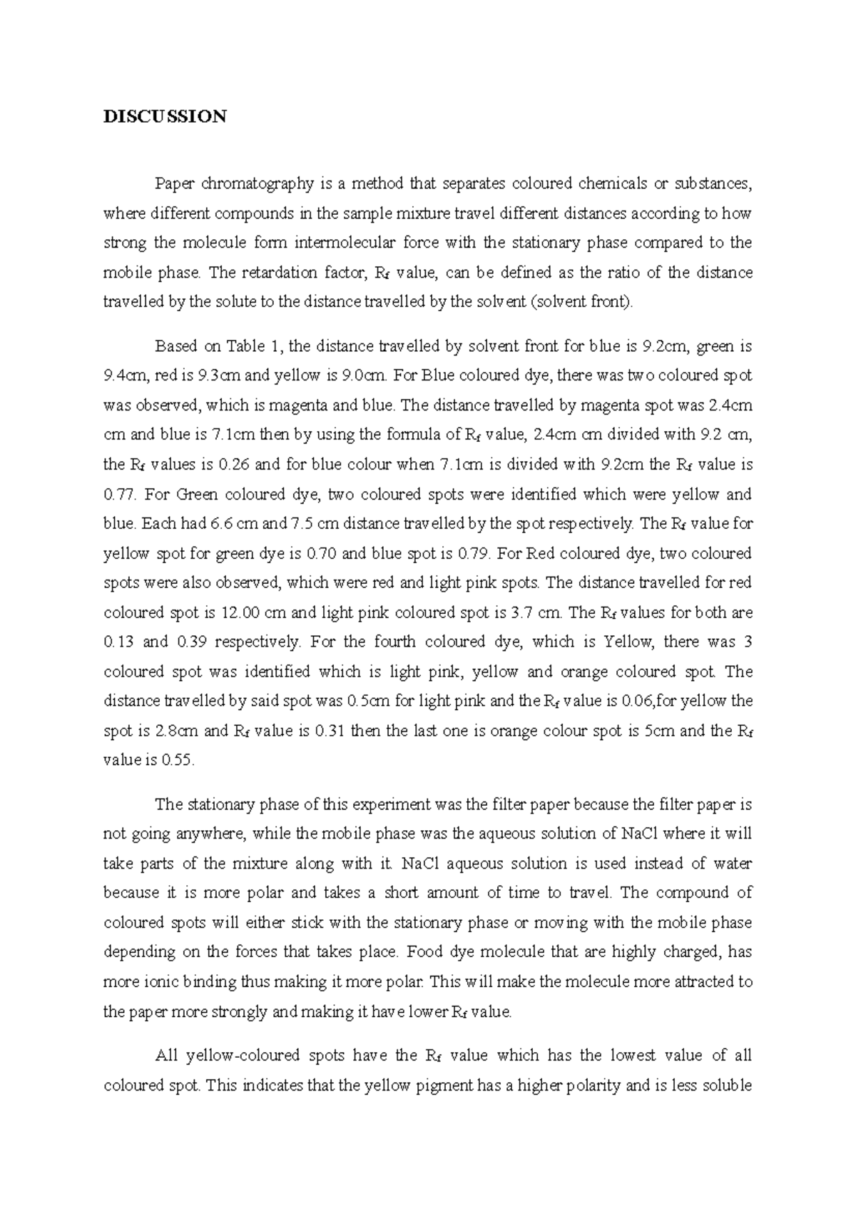 Discusssion lab 5 chm256 DISCUSSION Paper chromatography is a method