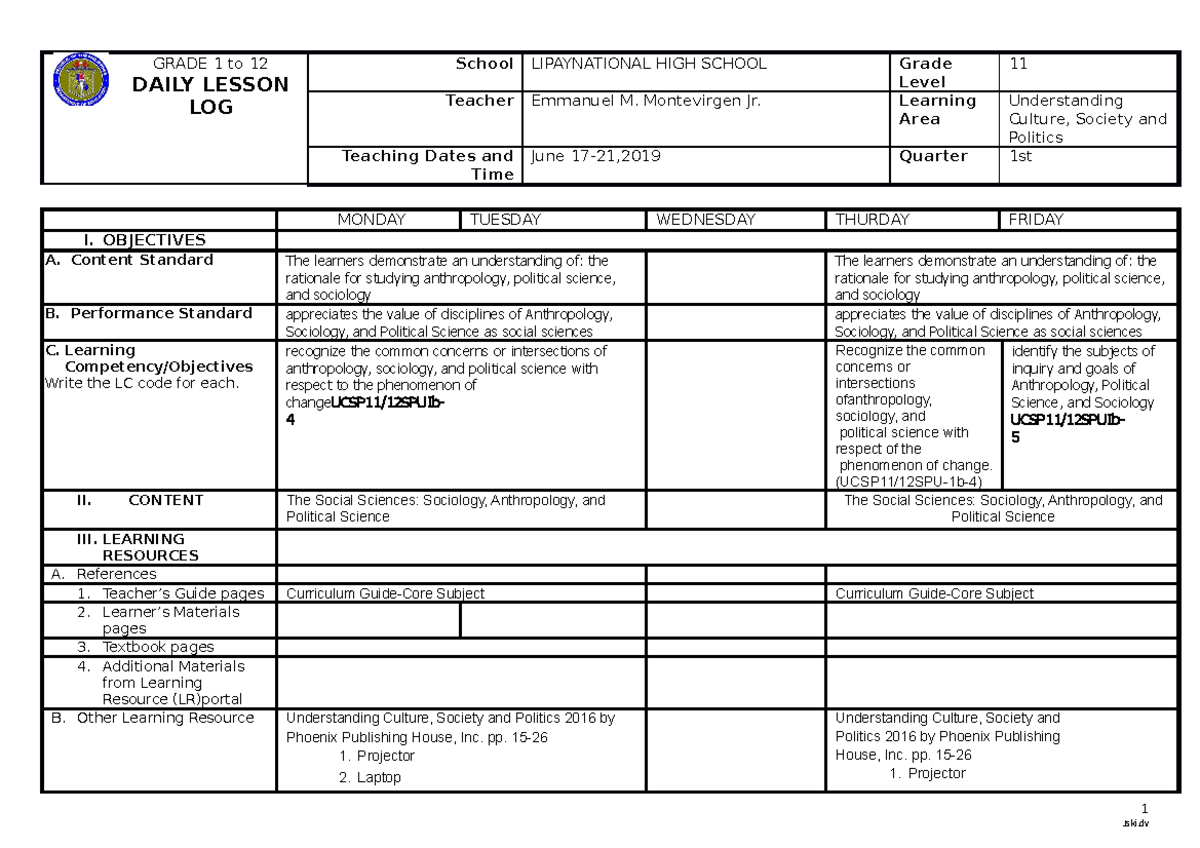 UCSP June 24 28 Daily Lesson Log Sample GRADE 1 To 12 DAILY LESSON