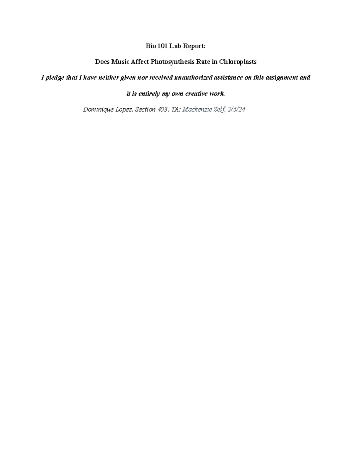 Bio 101 Lab Report Does Music Effect Photosynthesis Rate in ...