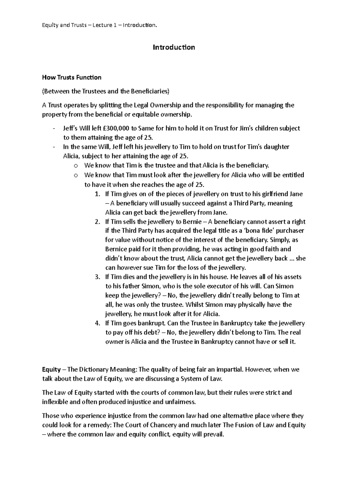 Lecture 1 - Introduction - Equity and Trusts – Lecture 1 – Introduction ...