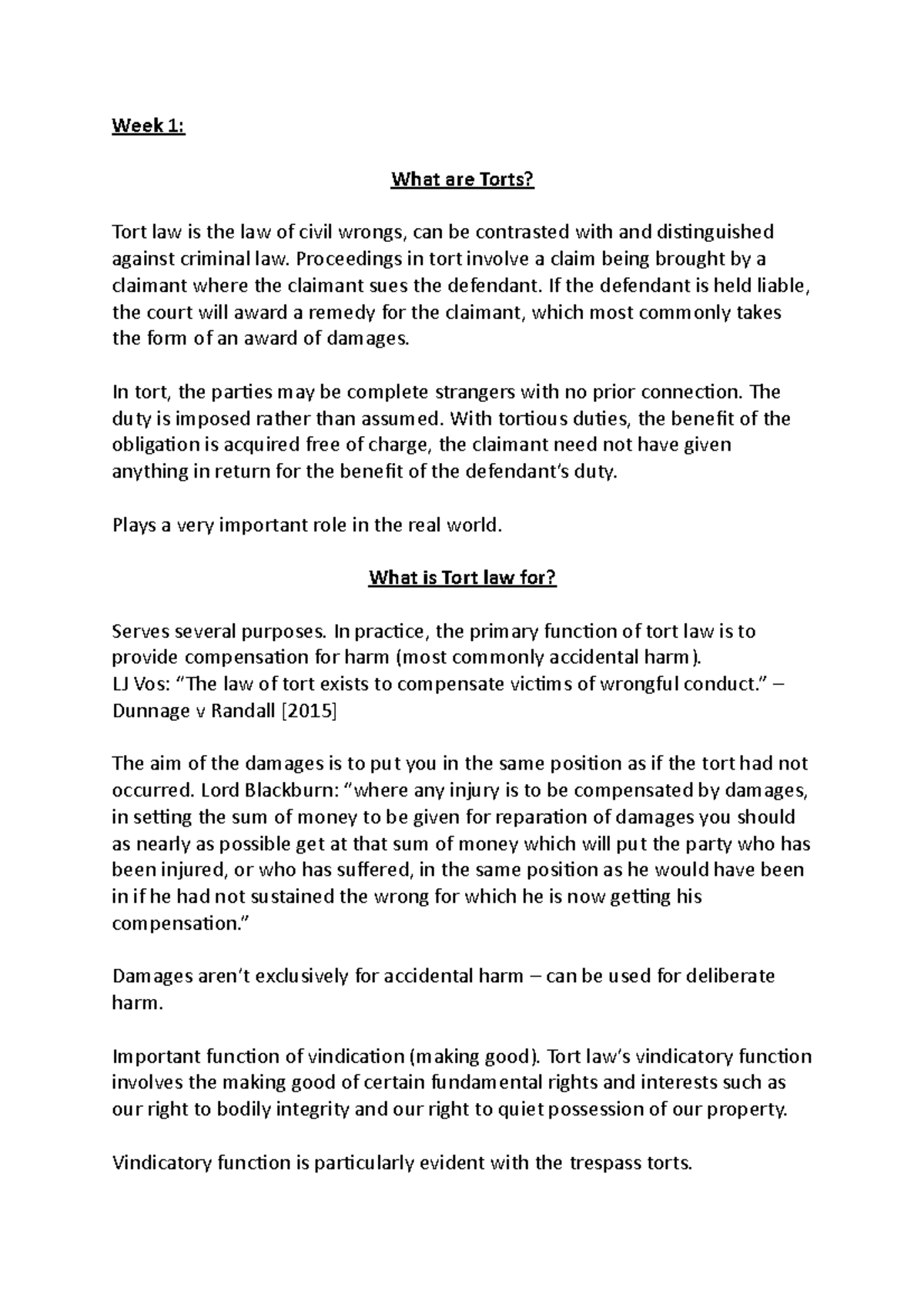 Law of Torts Week 1 notes - Week 1: What are Torts? Tort law is the law ...