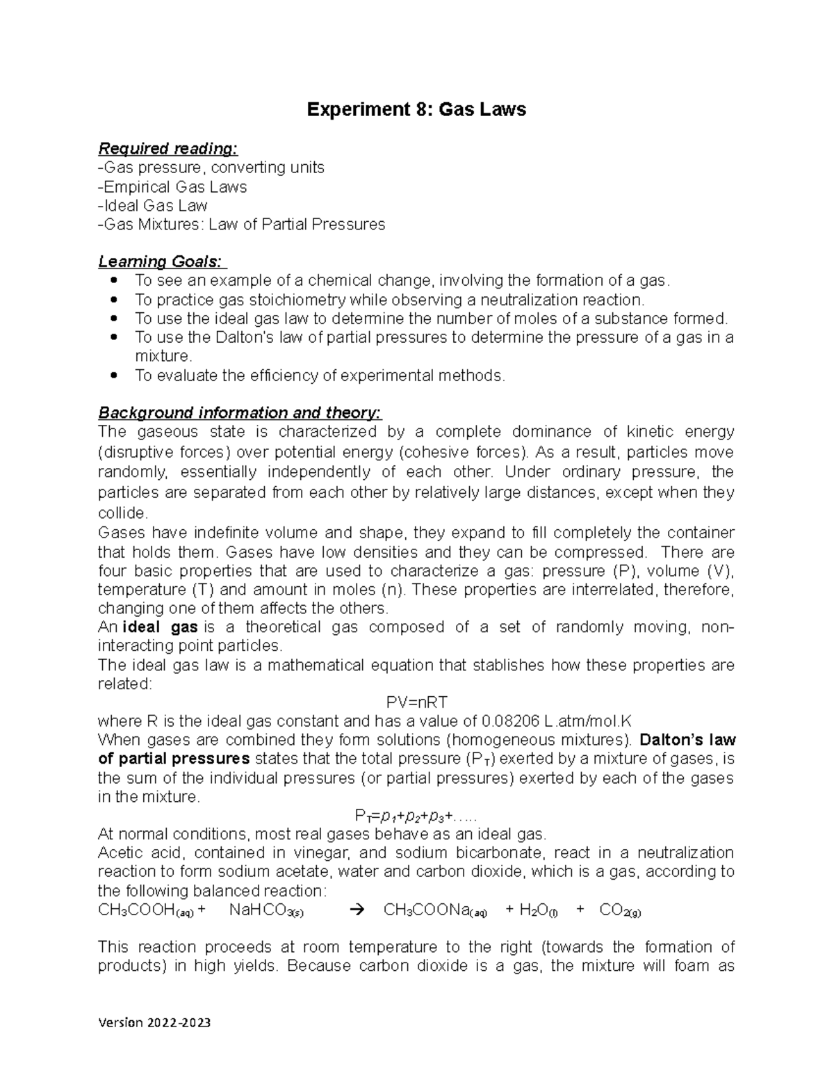 Experiment 8 Gas Laws 20222023 Experiment 8 Gas Laws Required