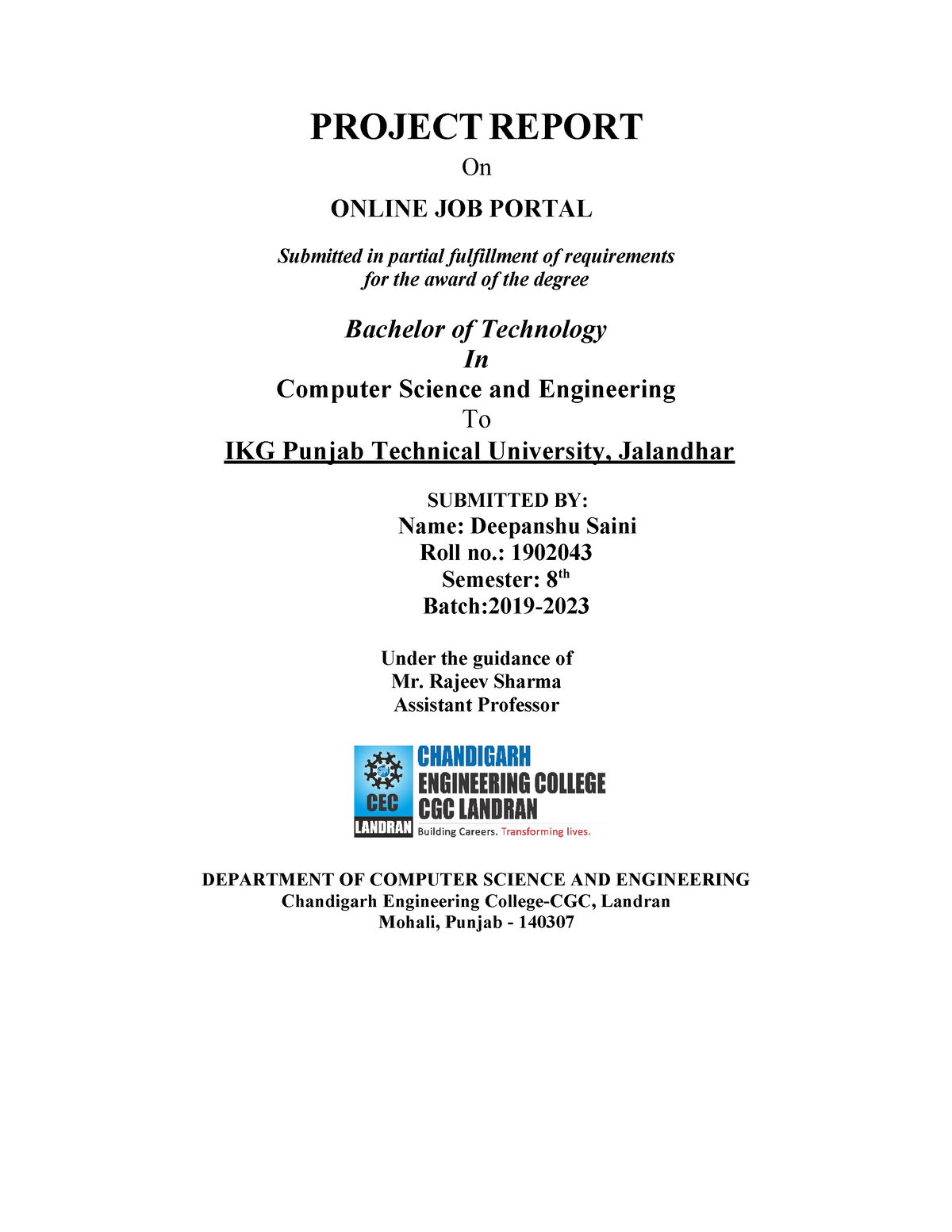 Final Project report - PROJECT REPORT On ONLINE JOB PORTAL Submitted in ...