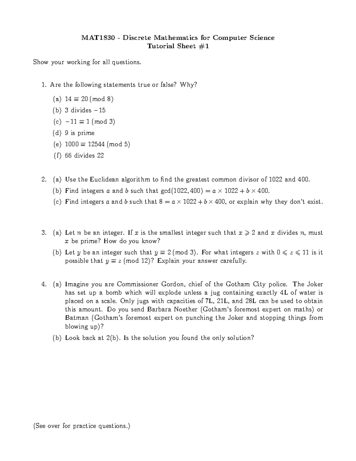 Tute1 Mat10 Discrete Mathematics For Computer Science Tutorial Sheet Show Your Working For Studocu