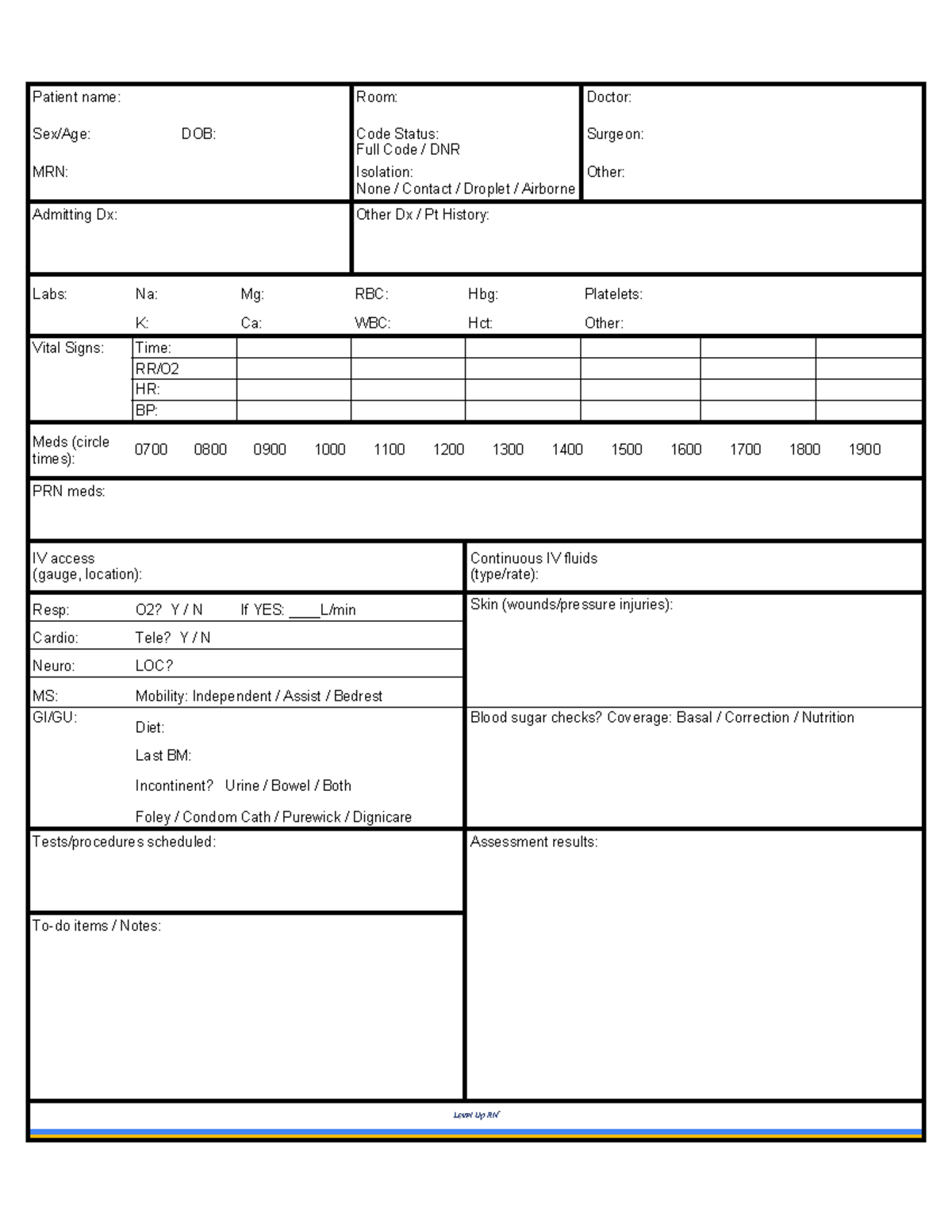 Nursing Brain - Patient name: Room: Doctor: Sex/Age: DOB: Code Status ...