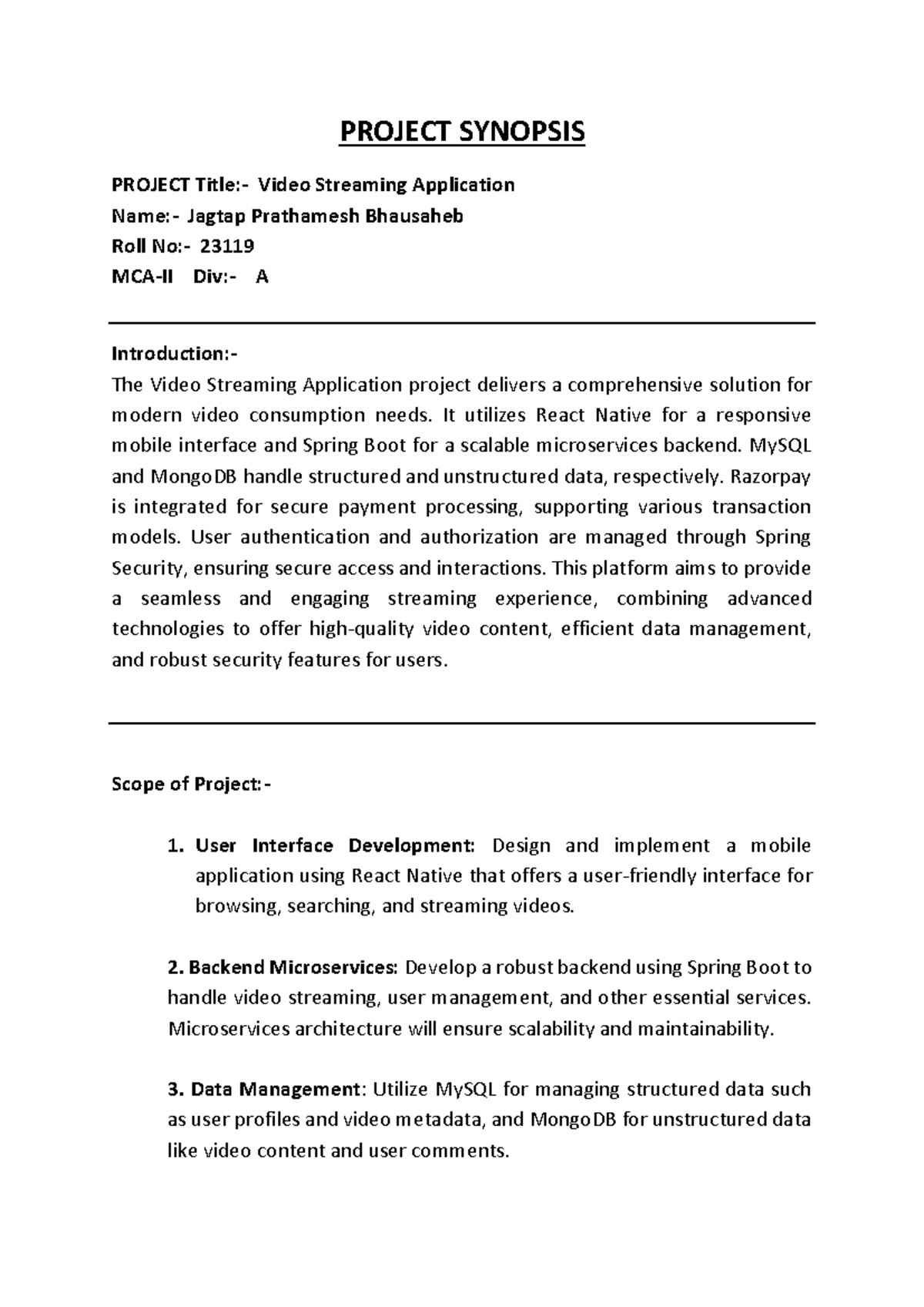 Video Streaming App Synopsis - PROJECT SYNOPSIS PROJECT Title:- Video ...