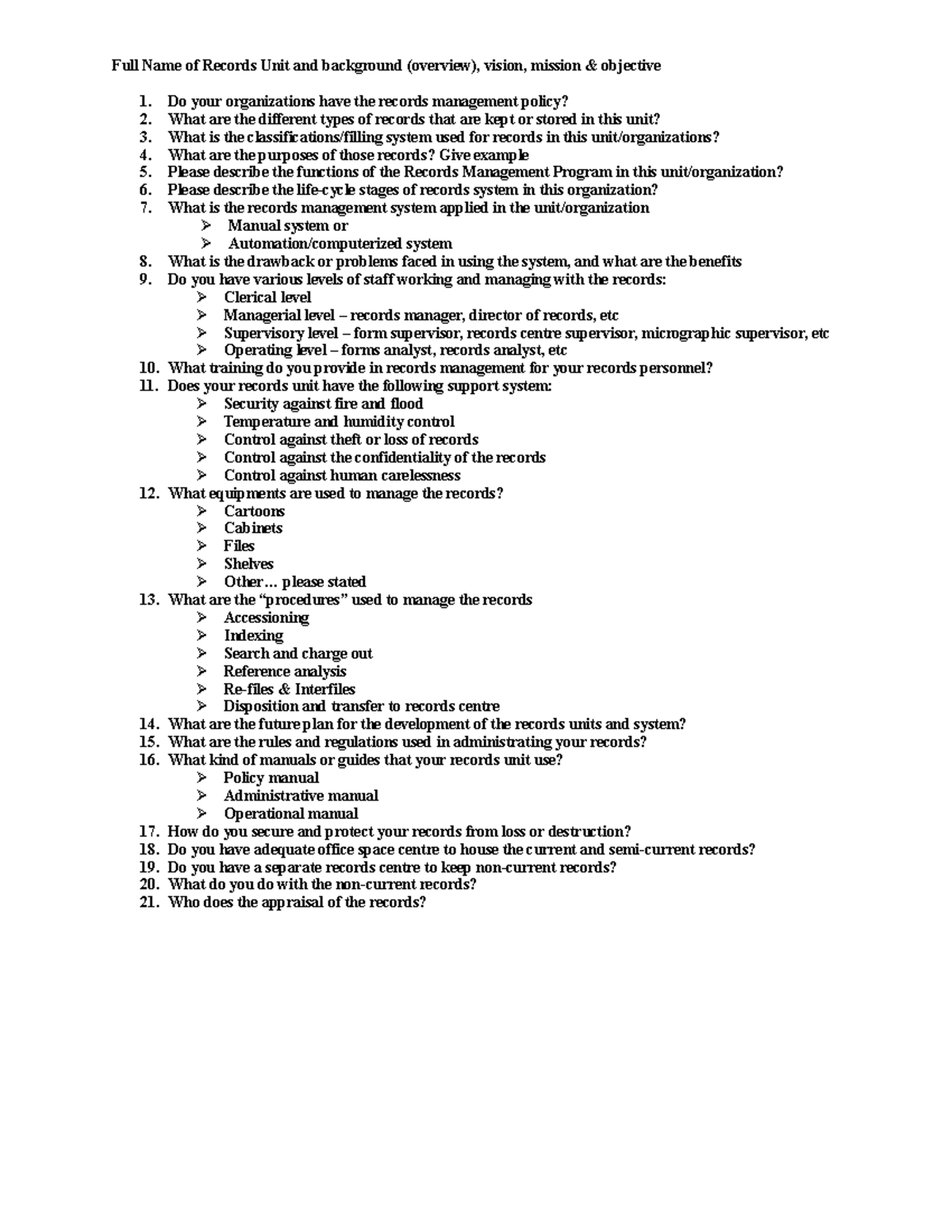 Assignment IMR 451 - Full Name of Records Unit and background (overview ...