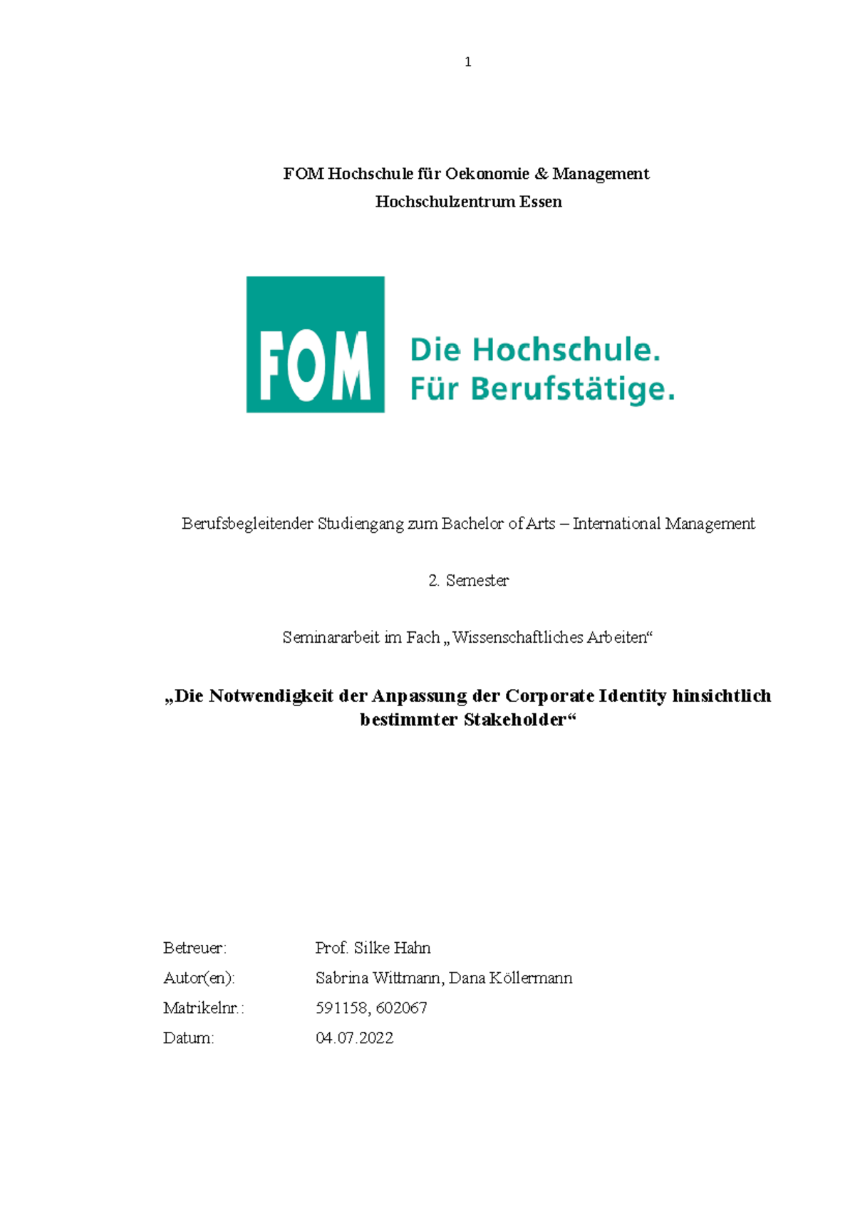 Hausarbeit neuster Stand(1) - FOM Hochschule für Oekonomie & Management