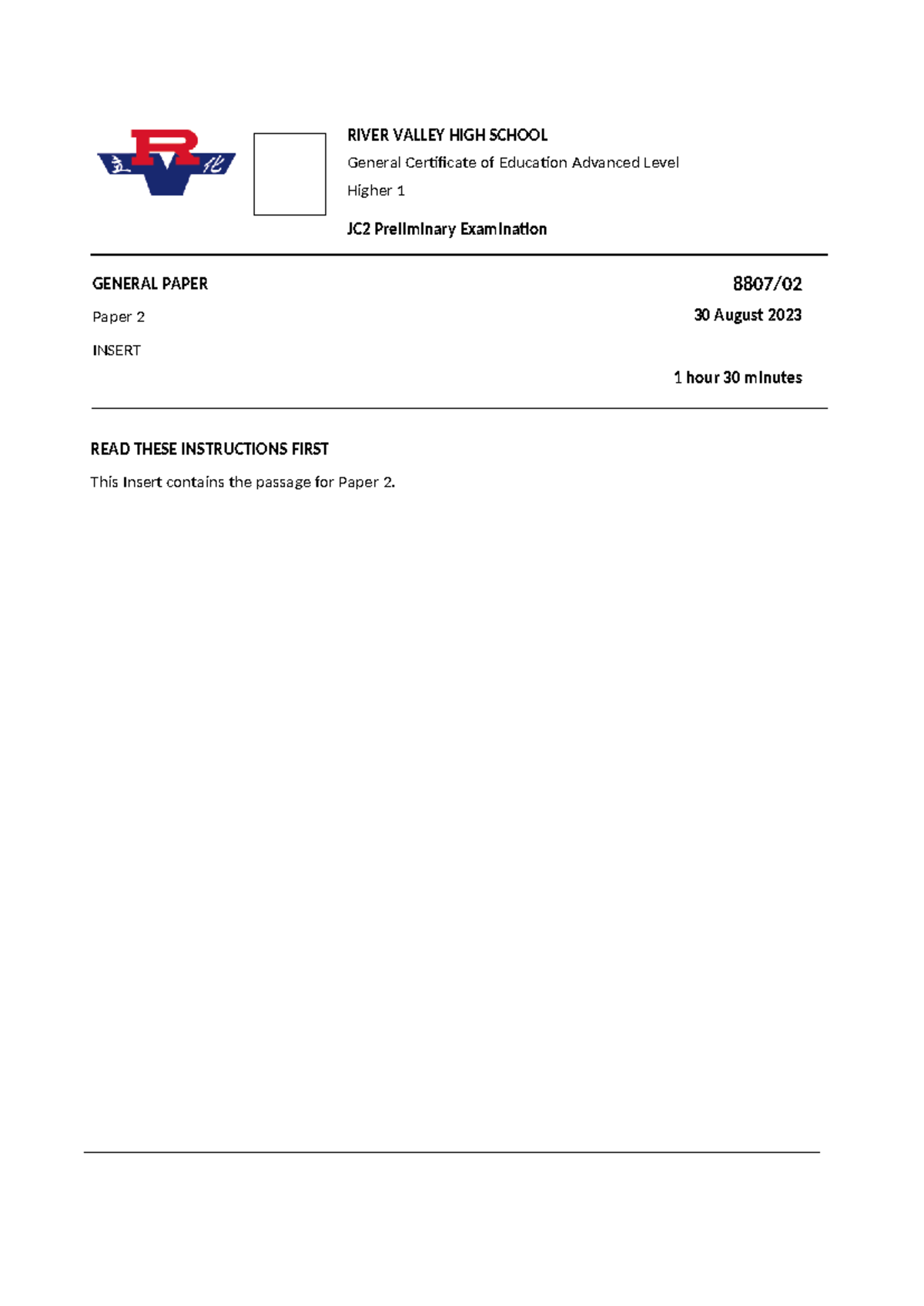 RVHS H1 General Paper P2 QP Insert - RIVER VALLEY HIGH SCHOOL General ...