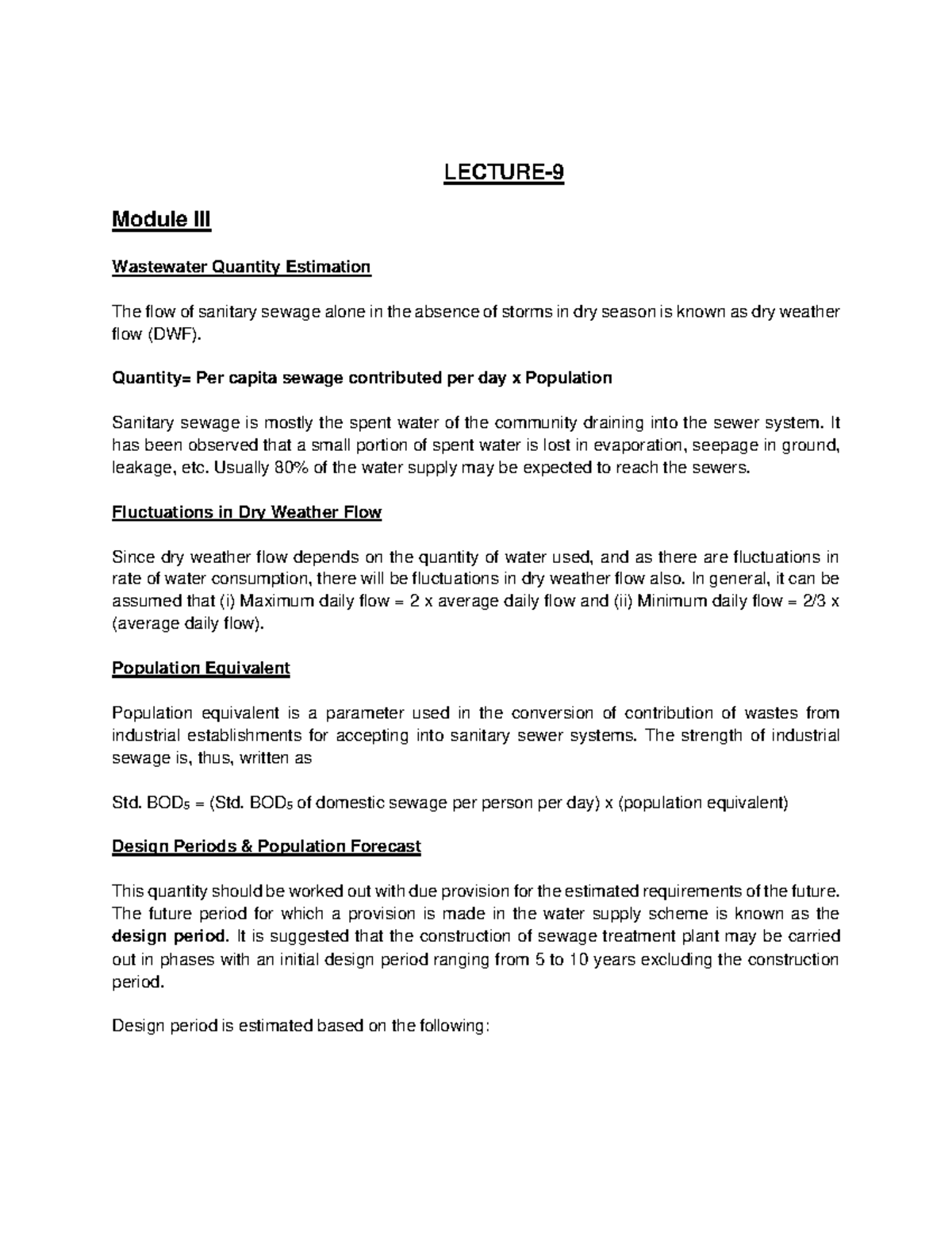 Lecture 5 - LECTURE- Module III Wastewater Quantity Estimation The flow ...