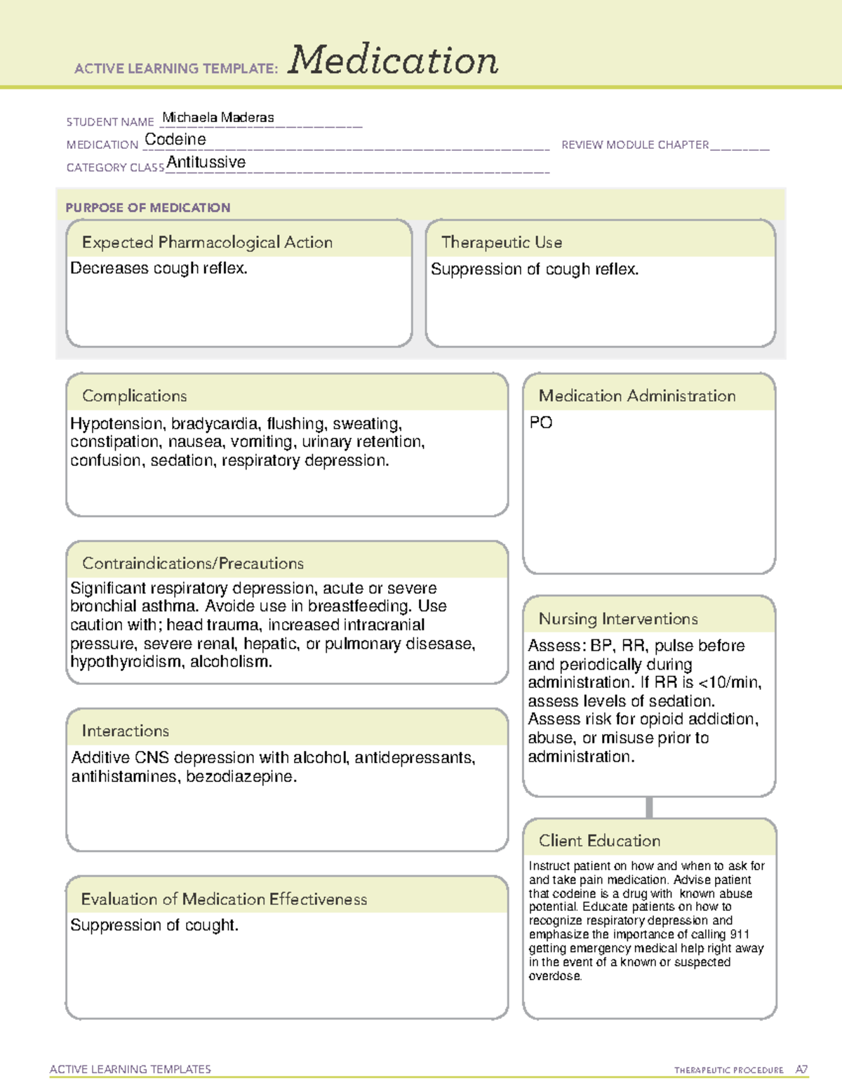 Codeine - Drug card - ACTIVE LEARNING TEMPLATES THERAPEUTIC PROCEDURE A ...