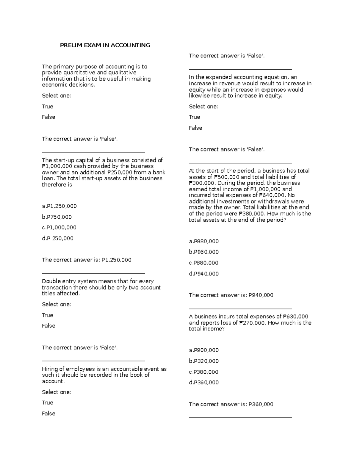 Accounting 101 Prelim Questionnaire - Bachelor of Science In ...