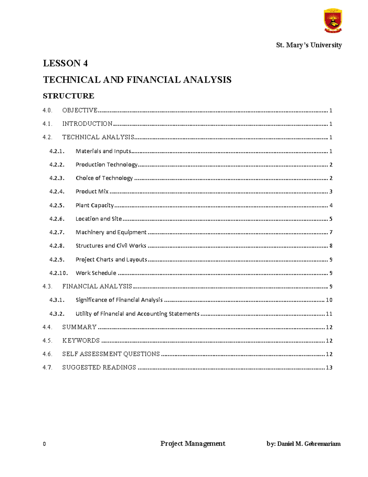 Project Management Lesson 4 - TECHNICAL AND FINANCIAL ANALYSIS LESSON ...
