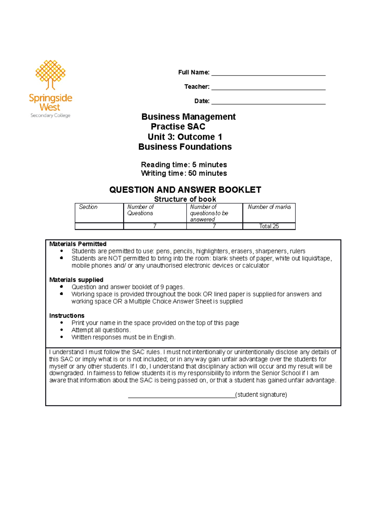 Unit 3 AOS 1 Business Foundations Practise SAC Full Name