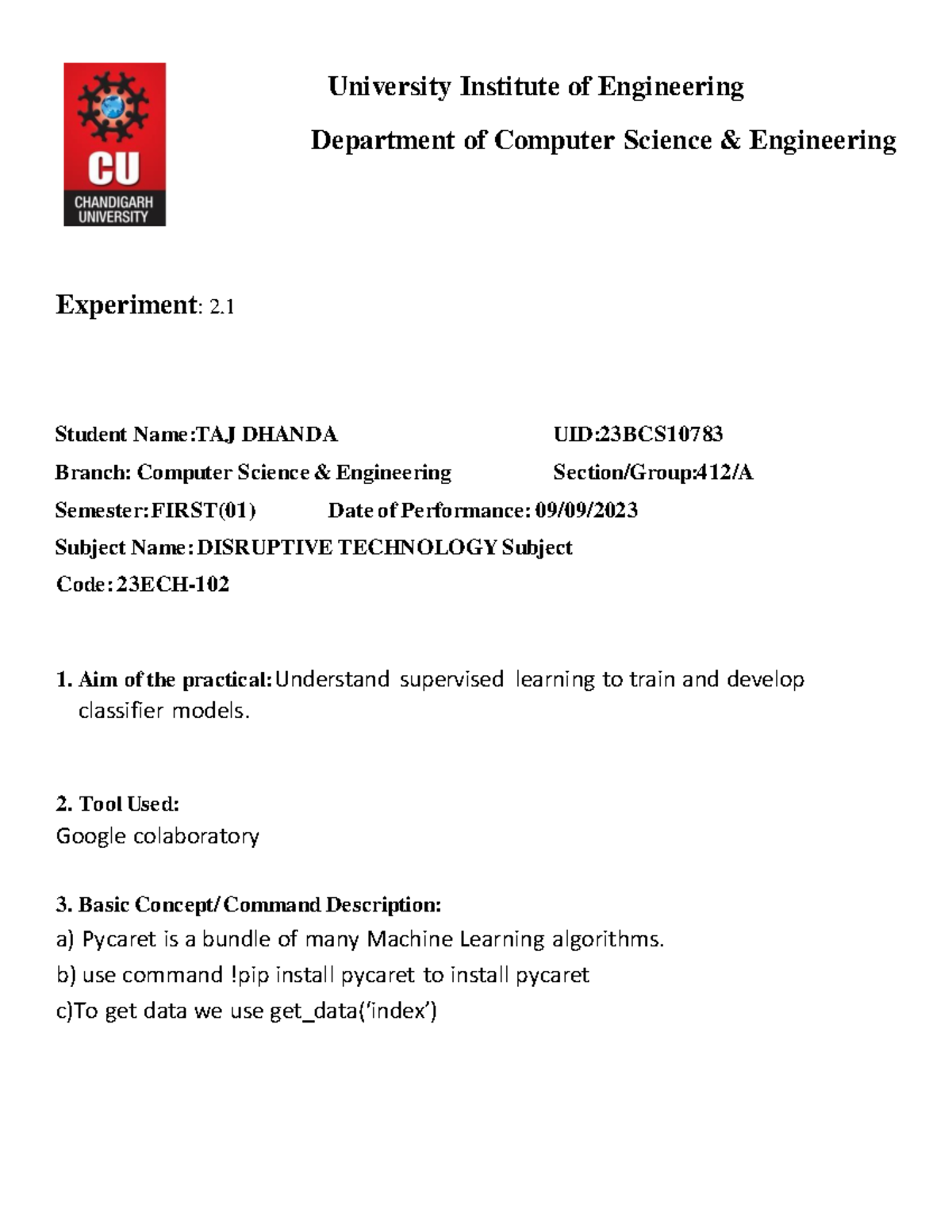 Taj dt 2 - Experiment 2.2 - Department of Computer Science ...