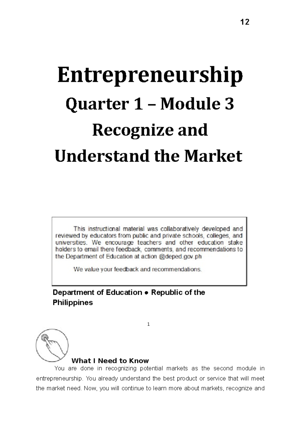 Entrep 12 Q1 Mod3 Recognize-and-Understand-the-Market V1 - 12 ...