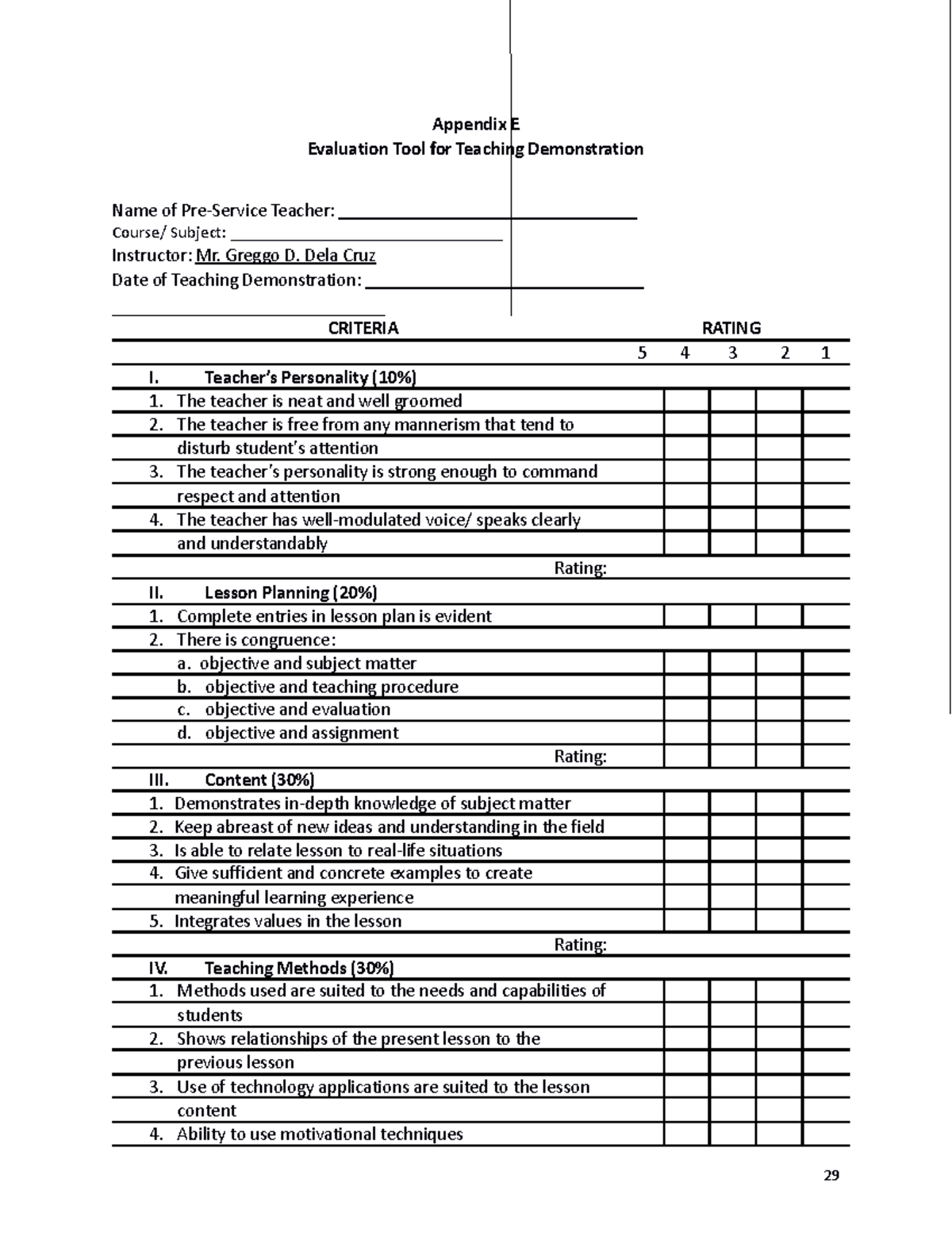 Evaluation Tool for Teaching Demonstration - Greggo D. Dela Cruz Date ...