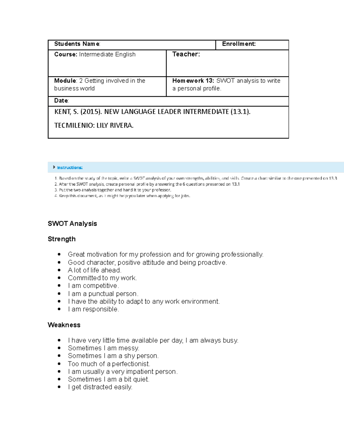 Homework 13 Ingles Intermedio Tecmilenio - TecMilenio - Studocu