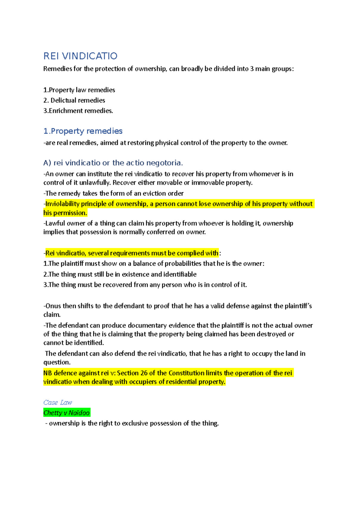Rei Vindicatio REI VINDICATIO Remedies for the protection of ownership, can broadly be divided