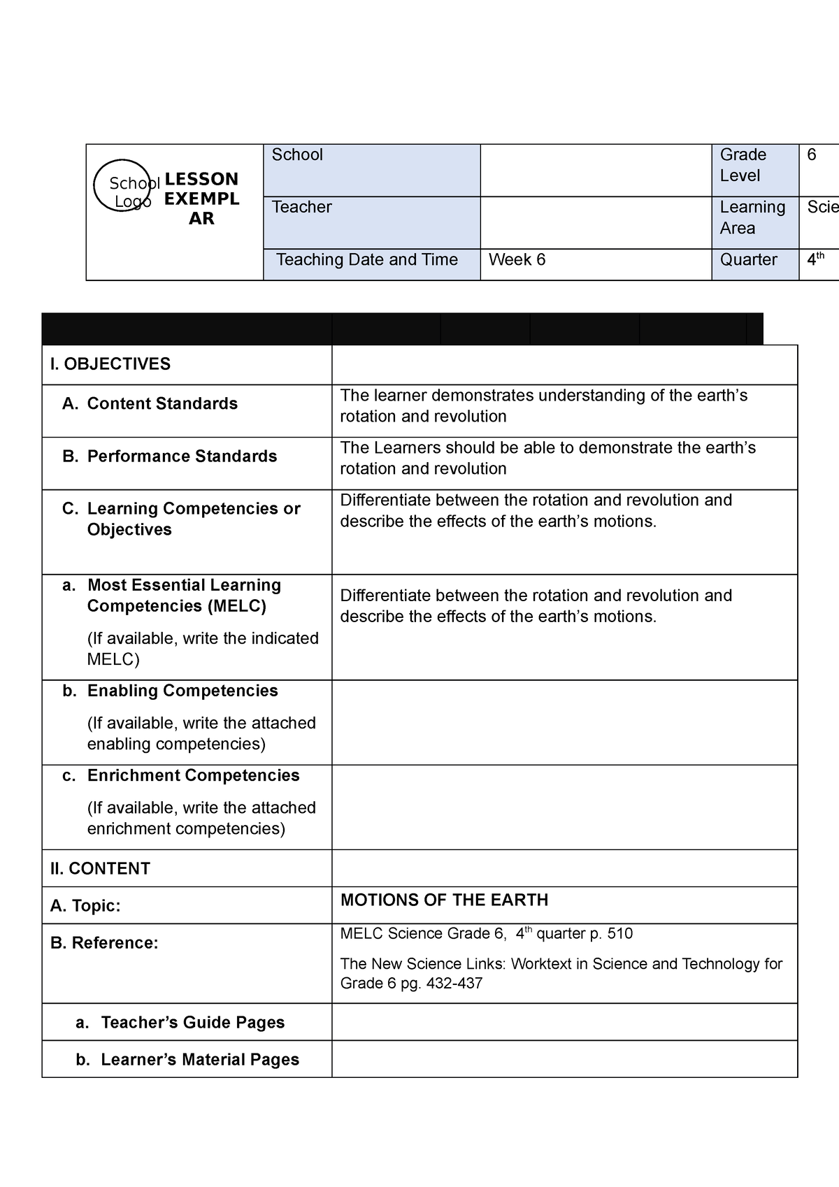 4th quarter lesson plan - School Grade Level 6 Teacher Learning Area ...