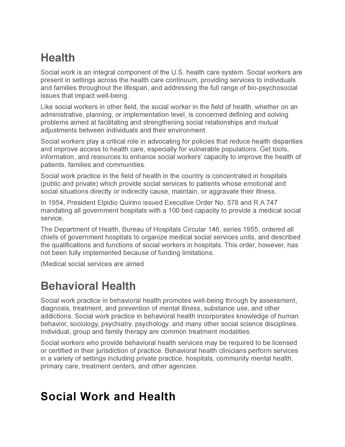 Health - NONE - Health Social work is an integral component of the U ...