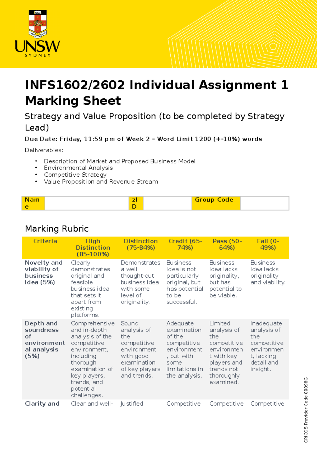 INFS1602-2602 Individual Assignment 1 Marking Sheet - INFS1602/2602 ...