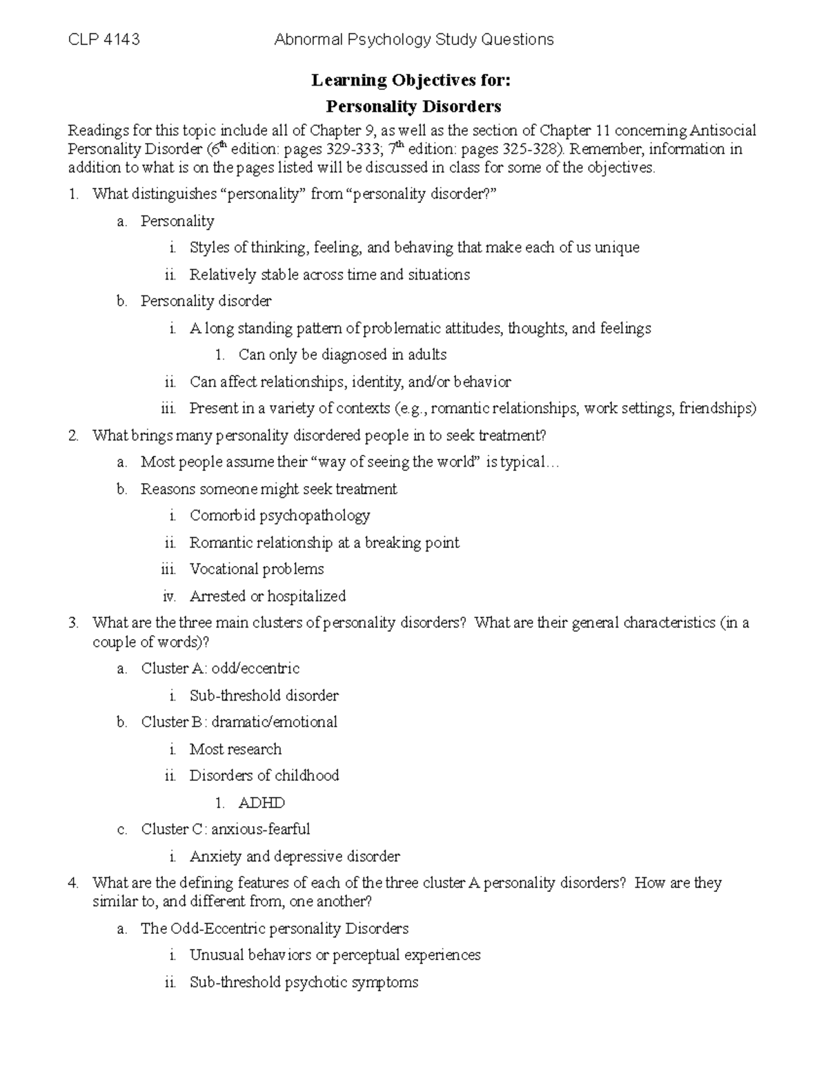 LOs Personality Disorders - CLP 4143 Abnormal Psychology Study ...