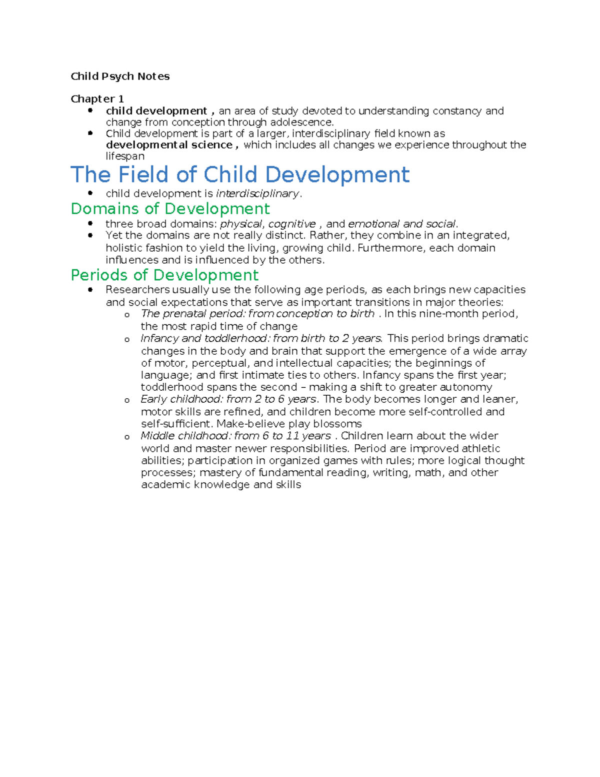 Child Psych Note1 - Child Psych Notes Chapter 1 child development , an ...