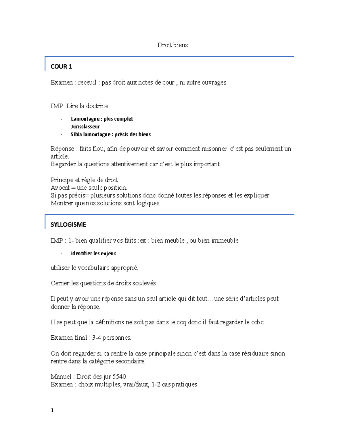 Droit bien cour 1 - Cour 1 introduction - Droit biens COUR 1 Examen ...
