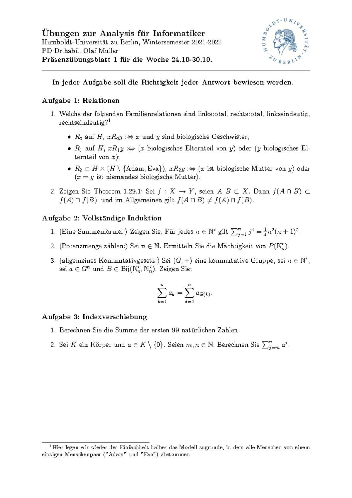 Ana 1 Präsenzblatt 1 Ubungen Zur Analysis F ̈ ̈ Ur Informatiker Humboldt Universit ̈at Zu