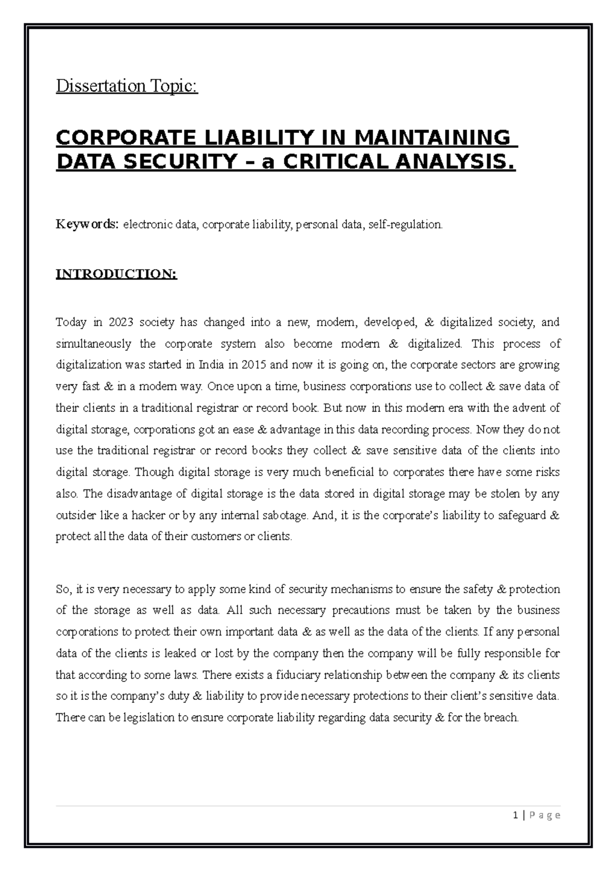 Dissertation - Sample Thesis paper - Dissertation Topic: CORPORATE ...