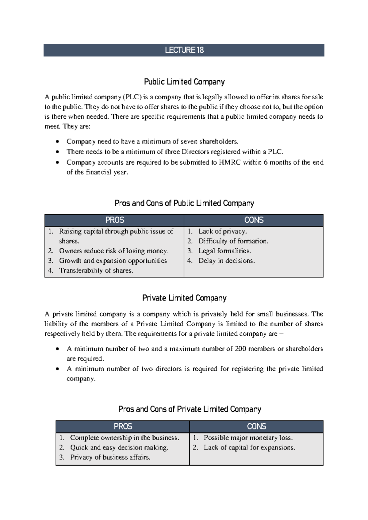 LEB Assignment 4 - LECTURE 18 Public Limited Company A public limited ...